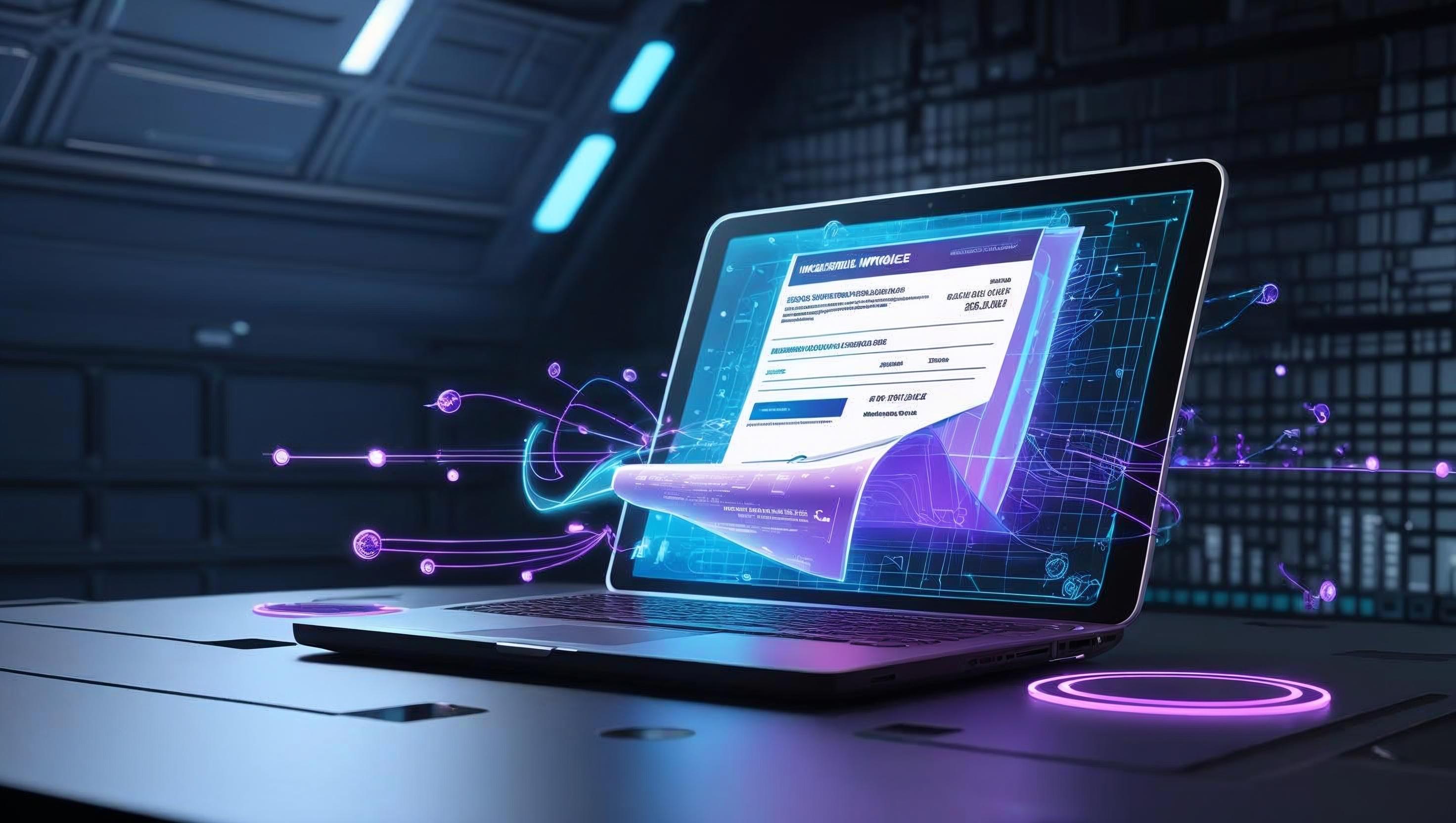 Invoice automation with holographic display and blue purple lighting