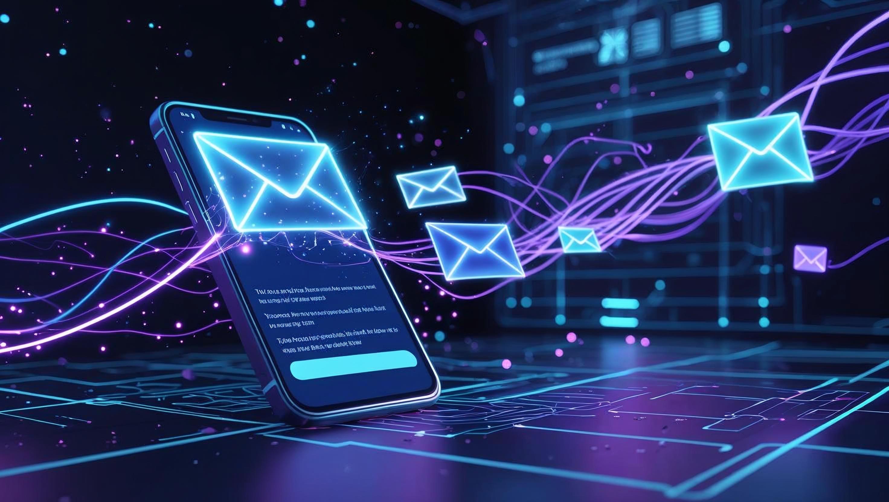 Digital communication with email and SMS in blue purple tech theme