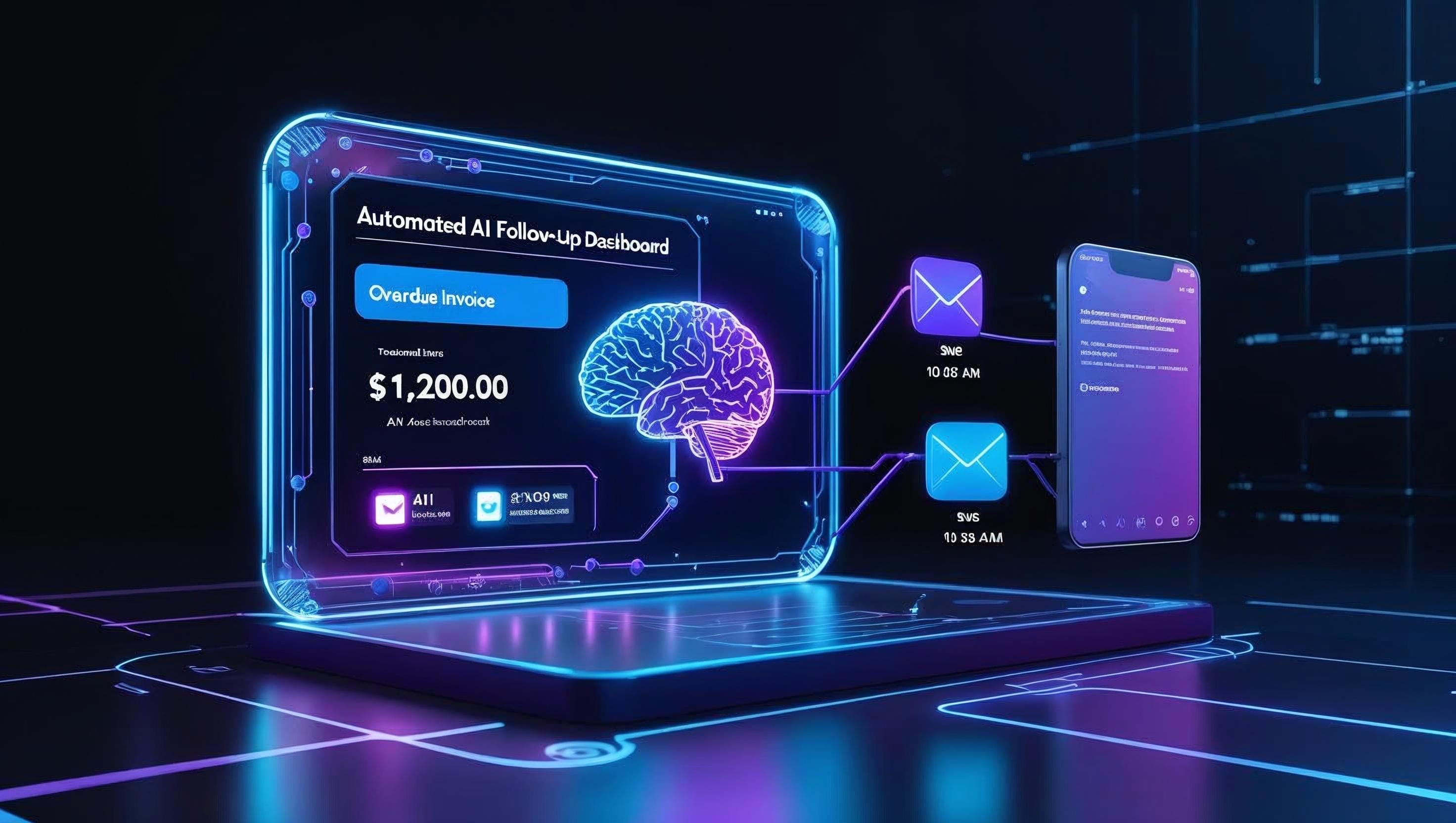 AI Automated Follow-ups interface with blue purple holographic design showing email and SMS automation