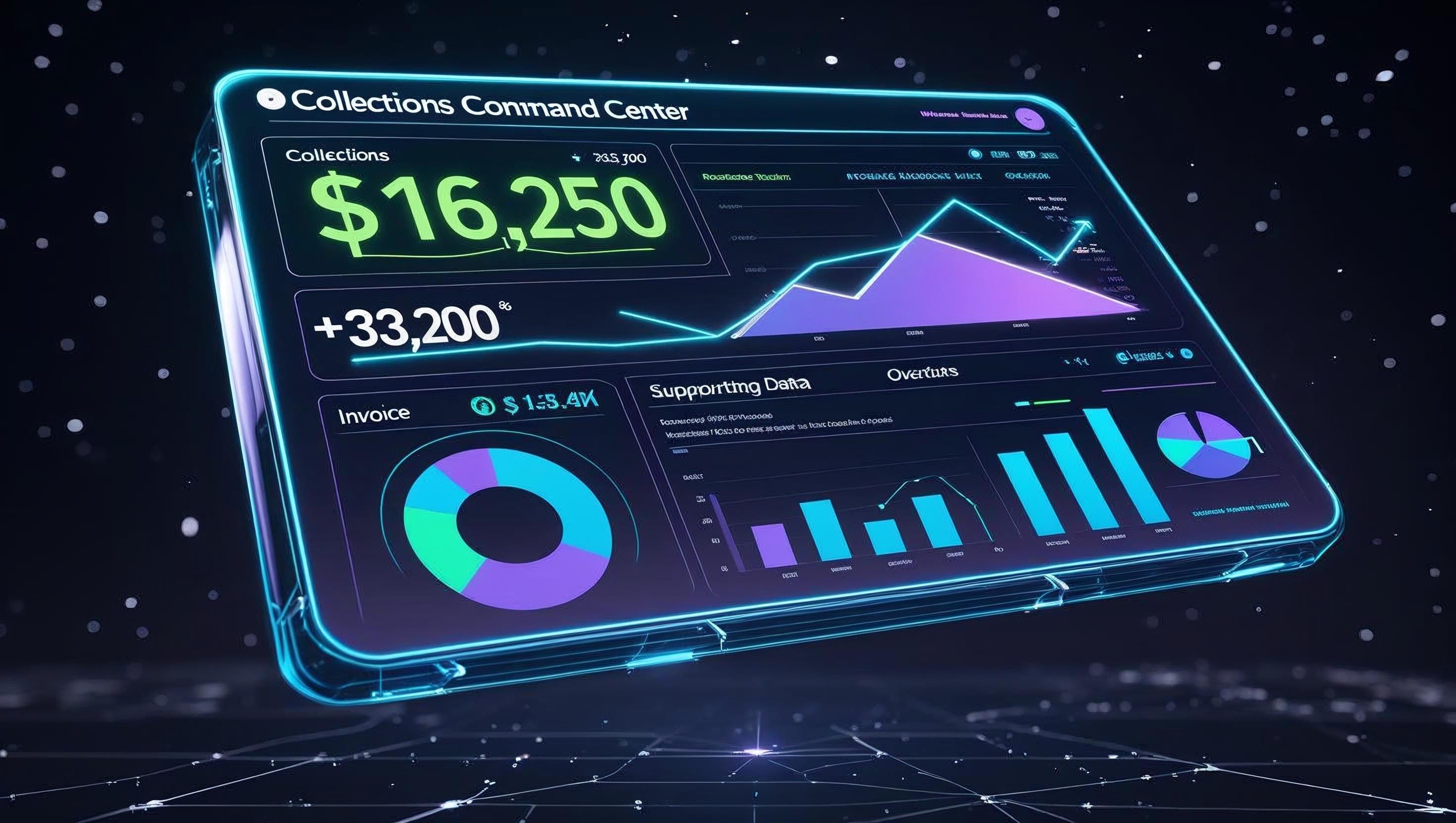 Collections Command Center dashboard with blue purple interface showing recovery rates and analytics